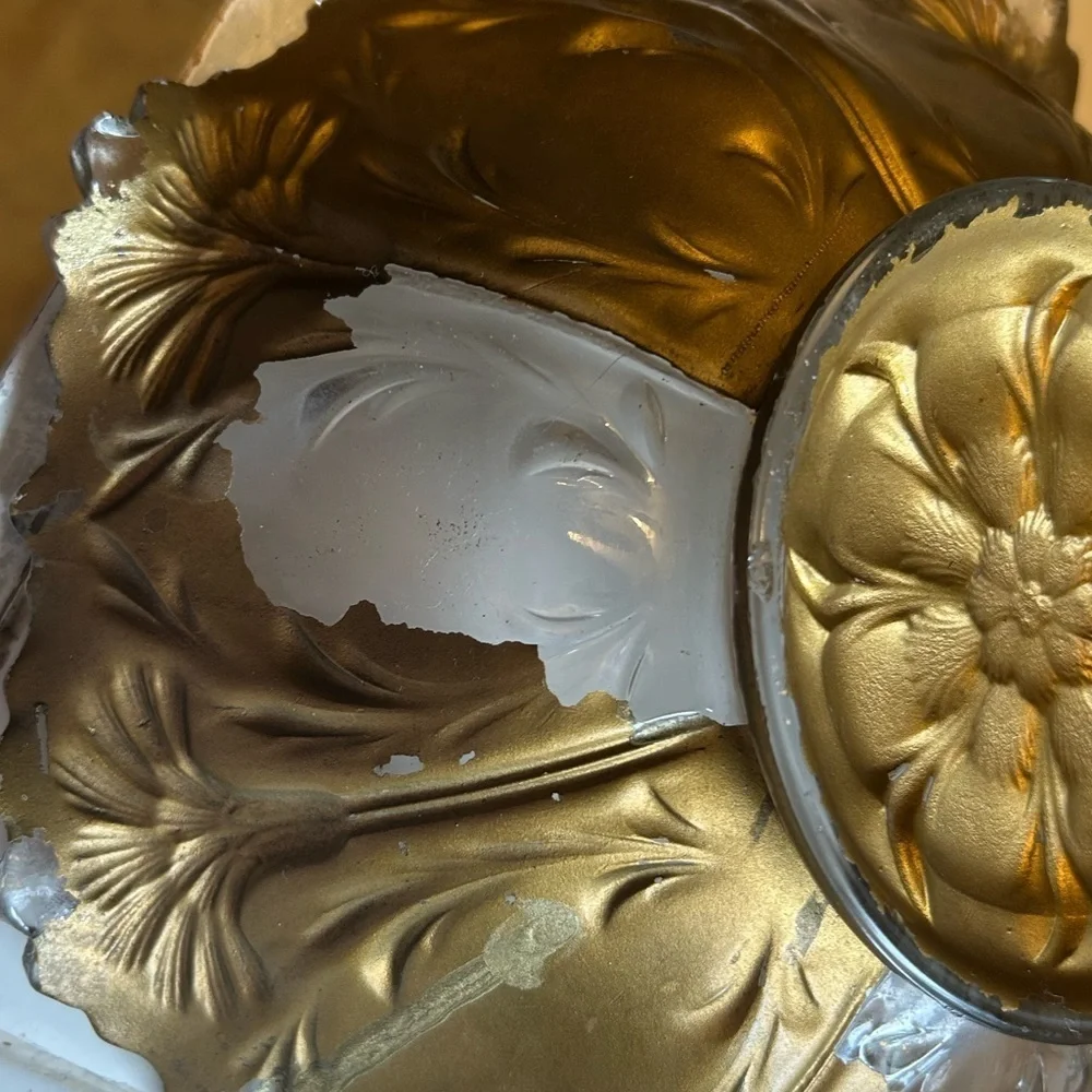 Antique Goofus Glass Bowl Red Carnation Gold Scalloped Intaglio Floral Dish MCM